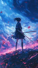 Backlit katana wielder confronts storm-lit sky in neon palette