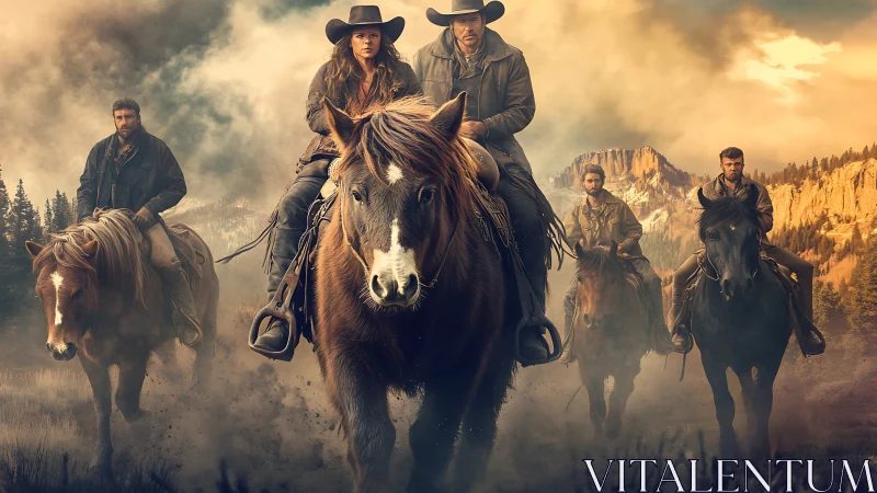 Cinematic cowboys ride through dust-filled canyon landscape.