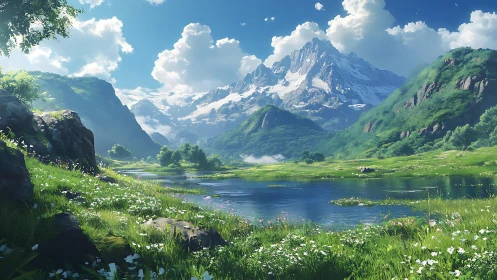 Snowcapped alpine massif above reflective spring valley lake