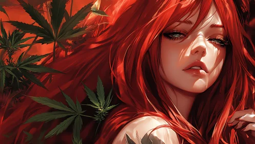 Red haired woman amid green leaves in warm light.