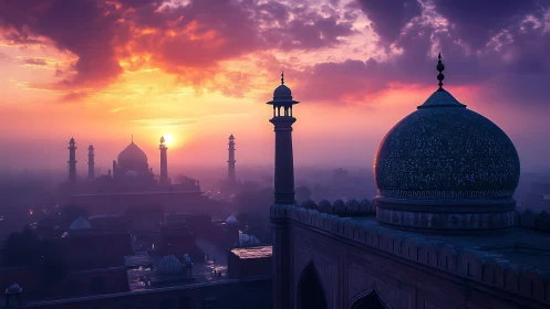 Domed mosque skyline is shown at sunrise with dense mist