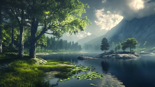 Emerald hush over mirror lake beneath wandering mountains.