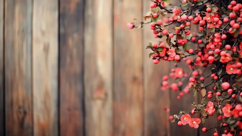 Rustic wood backdrop with cascading red blossom bokeh focus.