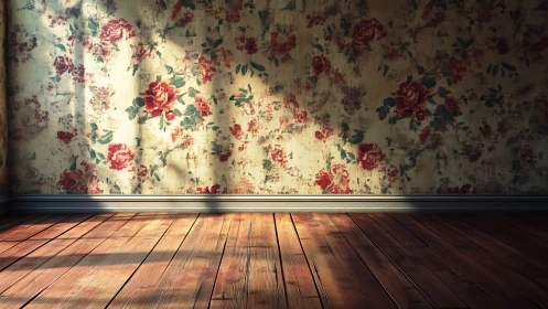 Sunlit worn floral wallpaper meets rustic wooden floor
