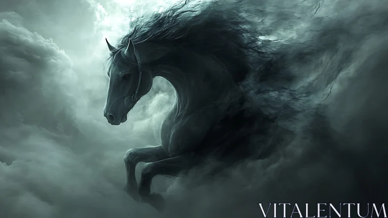 Dark spectral horse emerging from swirling storm clouds.