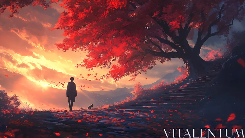 Sunset path beneath crimson maple with solitary figure.