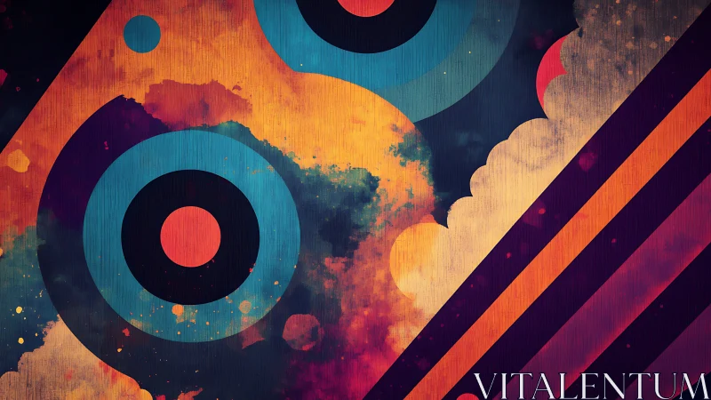 Retro concentric circles cut through vivid diagonal stripes.