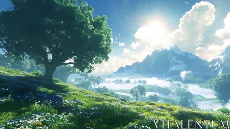 Luminous alpine valley landscape with radiant sunlit meadow.