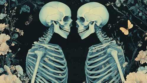 Mirrored skeletal lovers rendered in floral surrealist symmetry