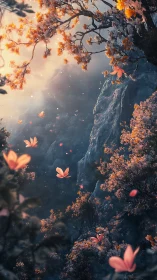 Vertical rocky ravine with pink blossoms and drifting petals.