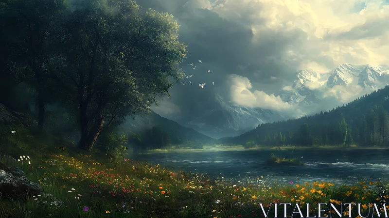 Storm-lit alpine lake with wildflower meadow and receding mountains