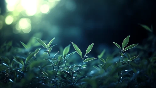Backlit green leaves glow through cool forest bokeh.
