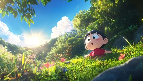 Little explorer soaking in a sunlit meadow wonderland.