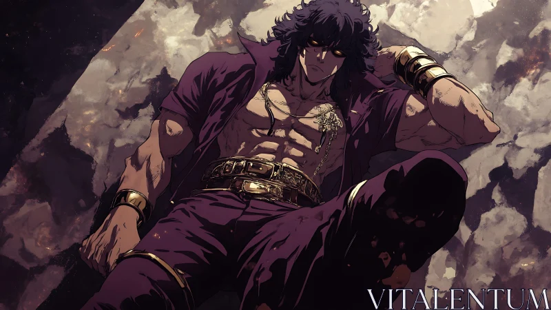 Muscular anime man reclining against cracked stone ground.