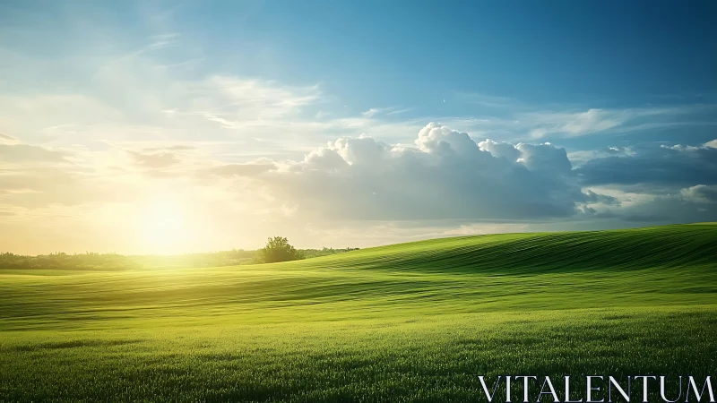 Sunlit rolling meadow under expansive stratocumulus sky.