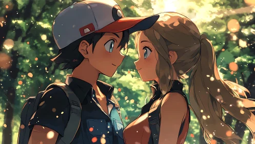 Tender forest moment between two shy anime adventurers.