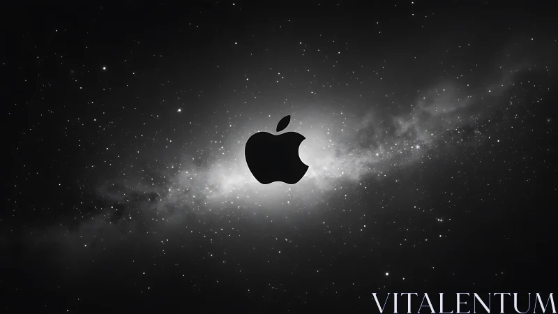 Apple-style black logo floats in a glowing galactic void