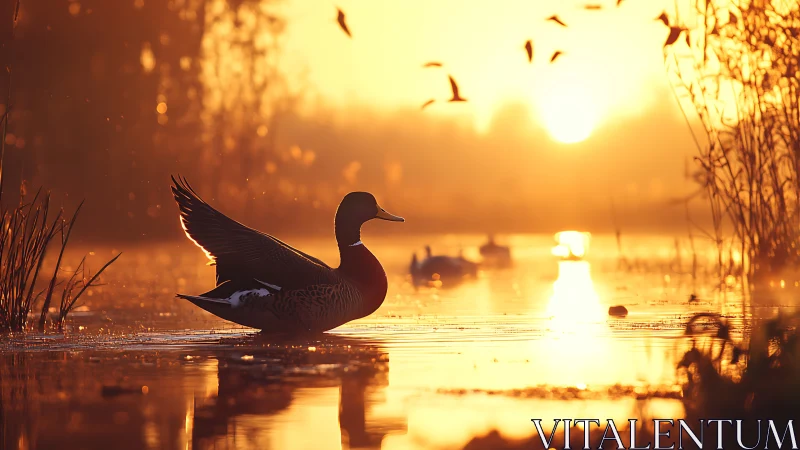 Duck on tranquil lake at sunrise in warm golden light, nature scene.