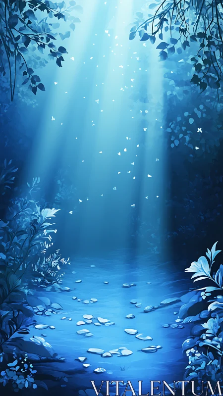 Blue forest clearing with light beams over rocky path.