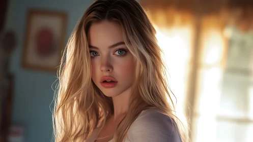 Blonde woman in soft indoor light, calm direct gaze.