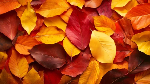 Golden and crimson autumn leaves lie in a cozy carpet