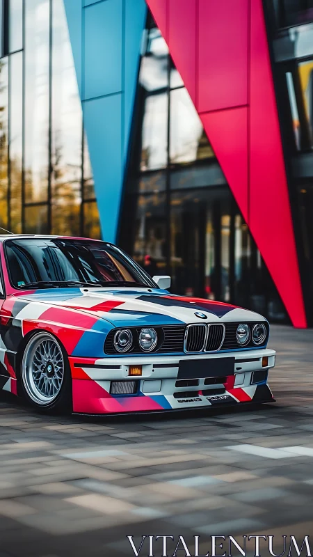 Retro BMW coupe with geometric livery before neon facade.