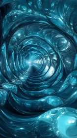 Cylindrical tunnel of reflective turquoise liquid forms.