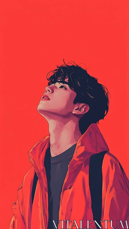 Thoughtful youth in bright orange jacket against bold red.