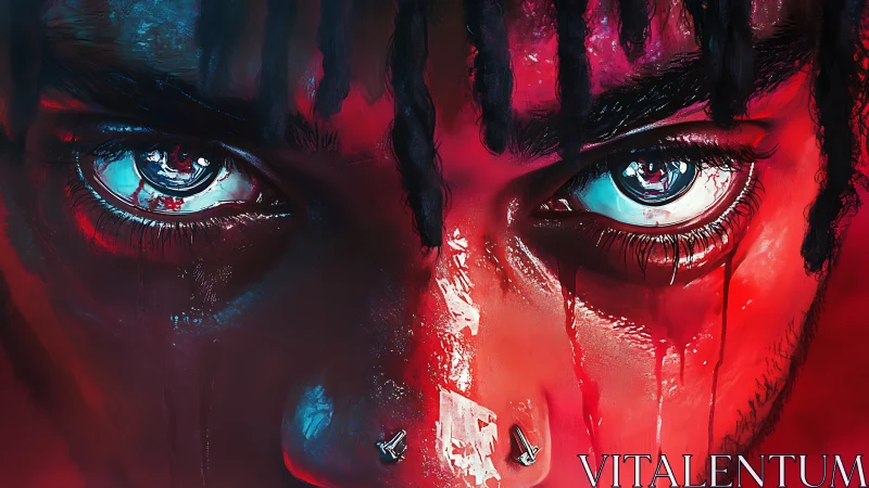 Intense cyan eyes in hyper-saturated red digital portrait.