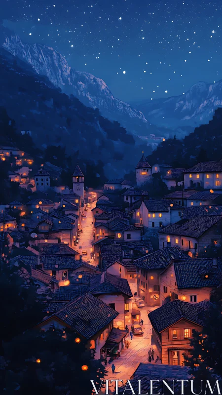 Nighttime mountain village street is illuminated by warm lights