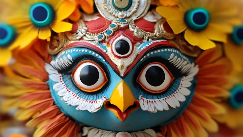 Colorful stylized owl mask with floral decorative elements.