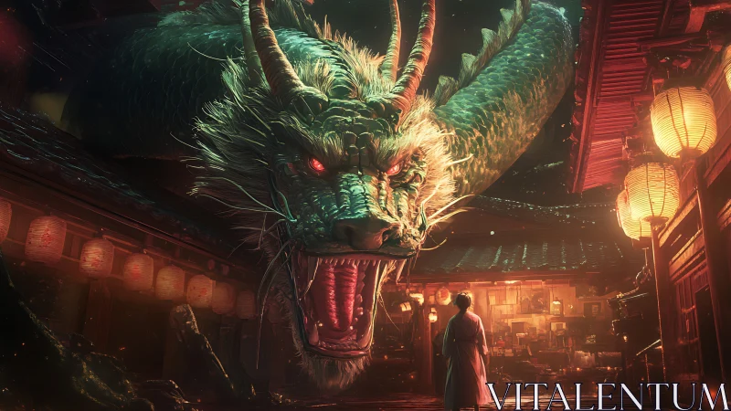 Emerald dragon towers over lantern-lit alleyway at night