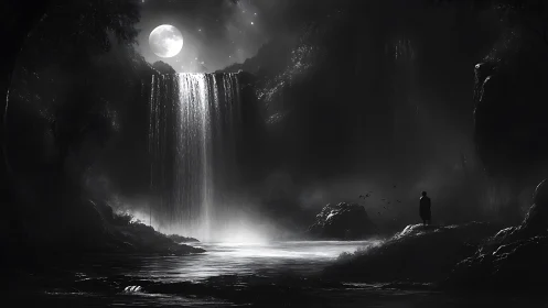 Solitary figure studies moonlit waterfall in misty gorge