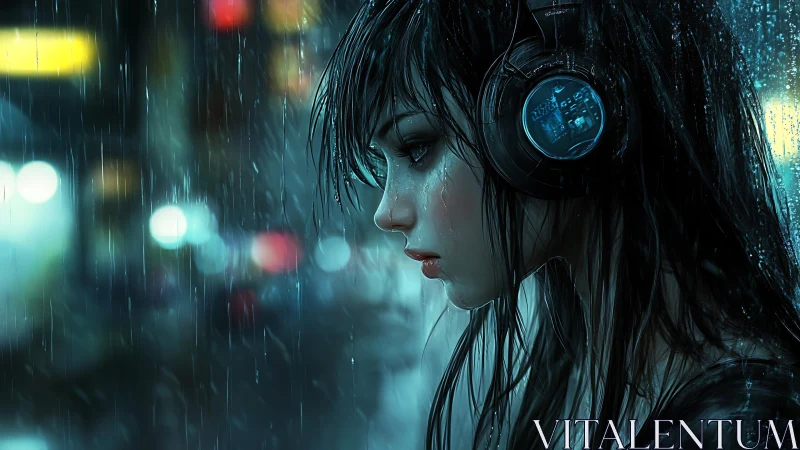 Moody cyberpunk girl with headphones in neon rainstorm.