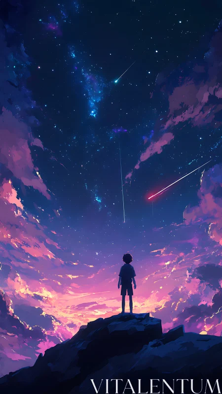 Silhouetted child observing meteor streaks in vivid night sky.