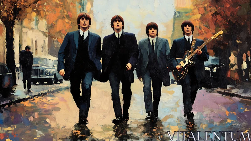 Four suited friends strolling a vibrant autumn city street.