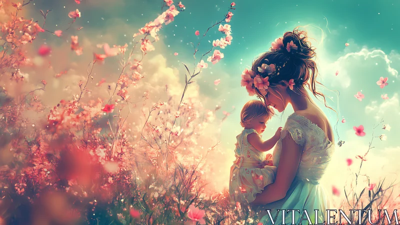 Woman and child in floral field with atmospheric lighting effects.