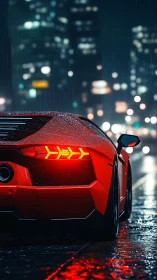 Crimson supercar stalks neon city streets in midnight rain.