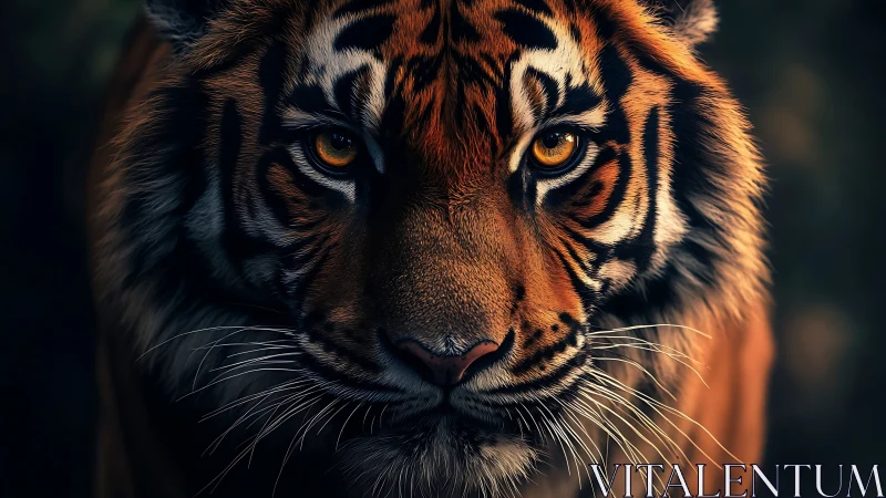 Macro frontal portrait of tiger in low-key directional lighting