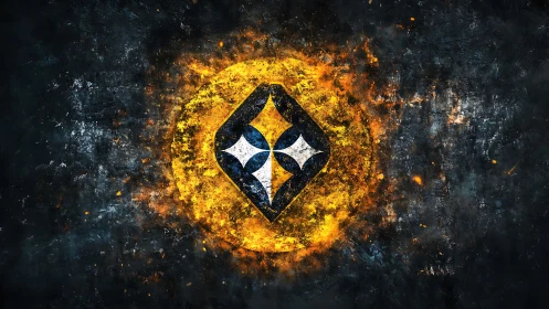 Geometric emblem ignites within a high-contrast fiery nebula