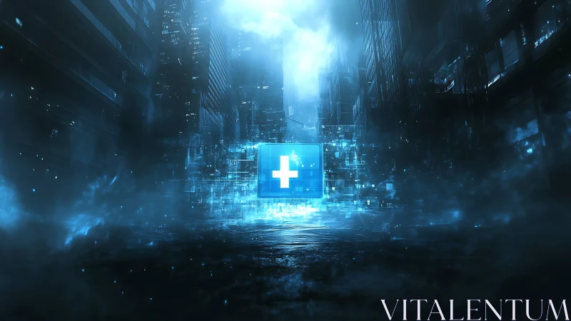 Futuristic medical data hub glowing in cyberpunk cityscape.