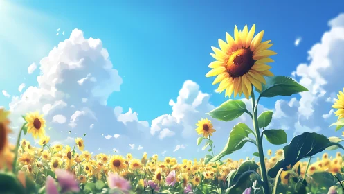 Digital painting of towering sunflowers under cumulus sky.