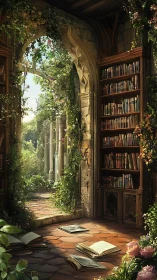 Sunlit stone library opens onto a secret blooming garden.