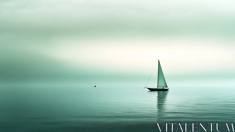 Solitary sloop on glassy cyan horizon under diffuse fog bank