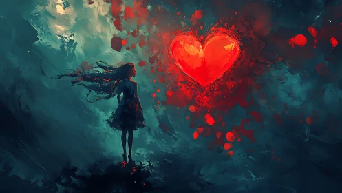 Figure Gazing at Luminous Heart: Teal and Crimson Digital Composition