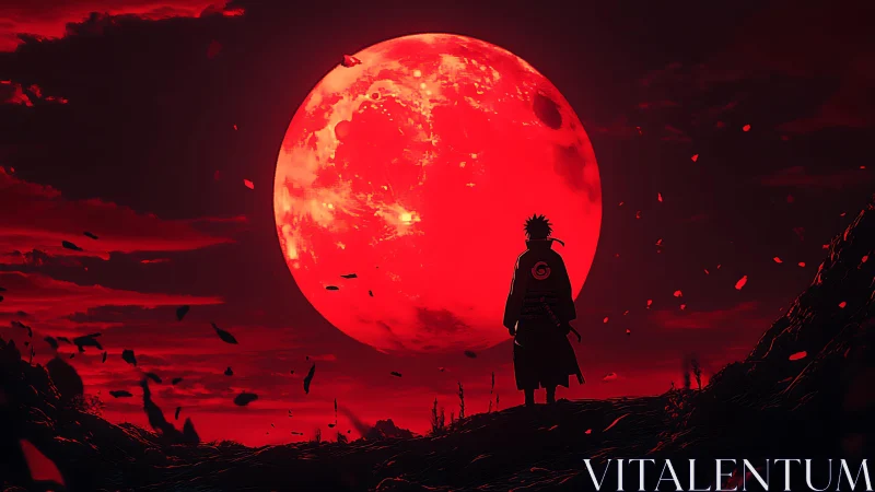 Silhouetted figure under oversized red moon in dark terrain.