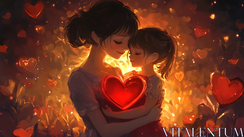 Two figures embrace glowing heart in golden ethereal light.