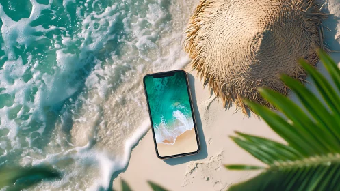 Smartphone on sandy beach near hat and shoreline water.