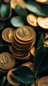 Golden leaf coins rise from lush green foliage background.