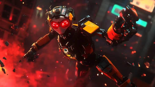 Combat mech with red visor dives through neon firestorm.